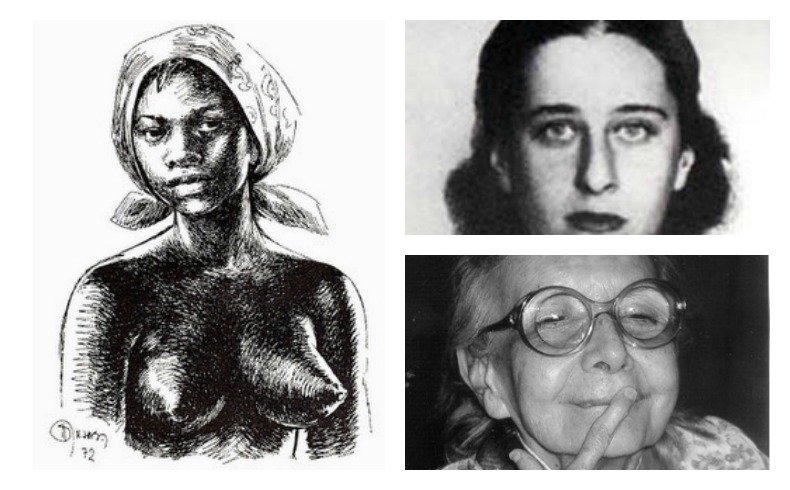 À esquerda, Dandara (Dandara foi uma guerreira negra do que lutou contra a escravidão durante o período colonial do Brasil); acima, a militante comunista Olga Benário; abaixo, a psiquiatra Nise da Silveira. 
