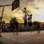 Street basketball at sunset