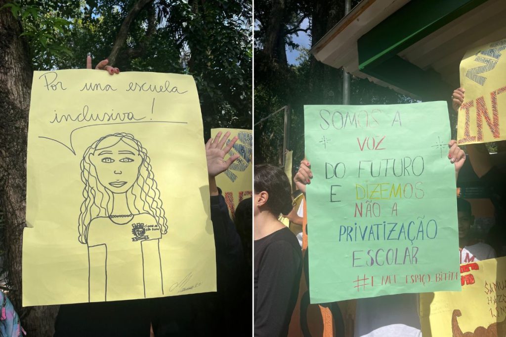 Cartazes em manifestação contra o afastamento do diretor da EMEF Espaço de Bitita.